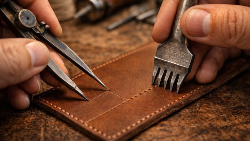 marking stitch line and punching holes in vegetable tanned leather