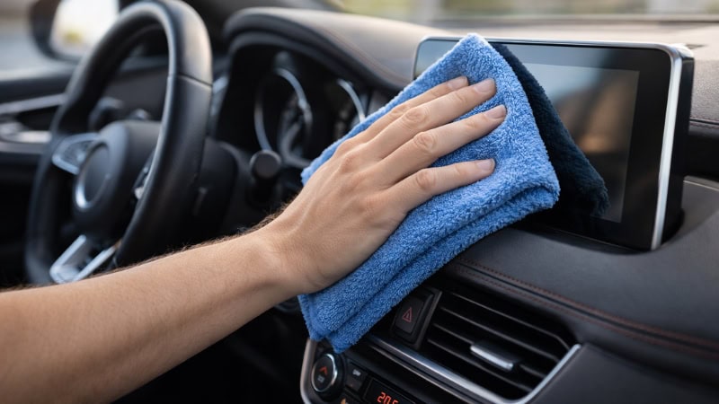 microfiber cloth cleaning car dashboard touchscreen