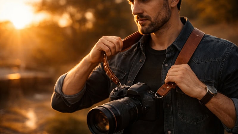 photographer adjusting leather camera strap