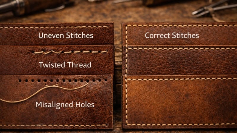 uneven saddle stitches twisted thread and misaligned holes leather