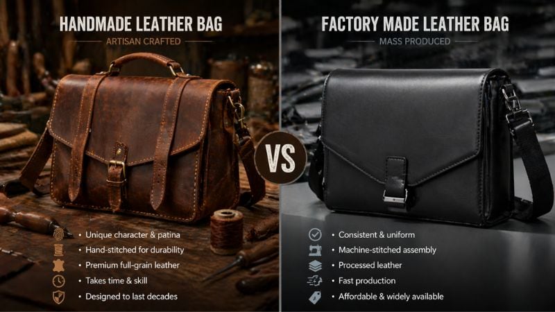 Handmade vs factory leather bag comparison