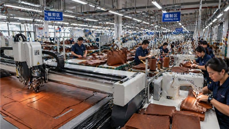 Leather bag production process in workshop environment