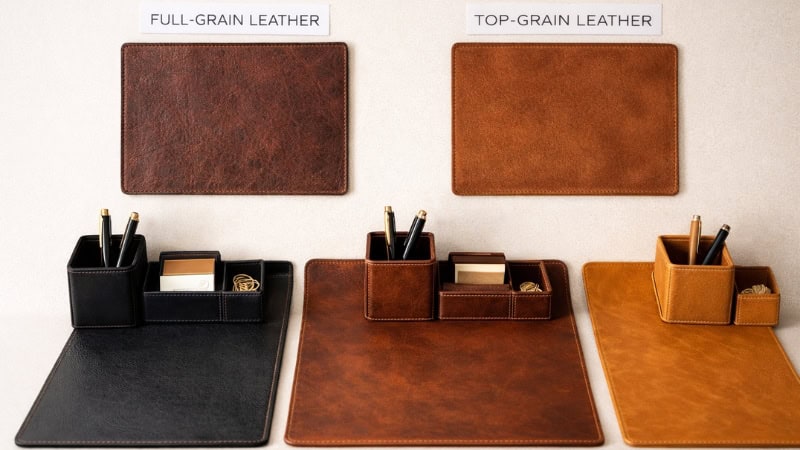full grain vs top grain leather desk accessories