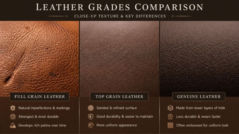 full-grain vs top-grain vs genuine leather