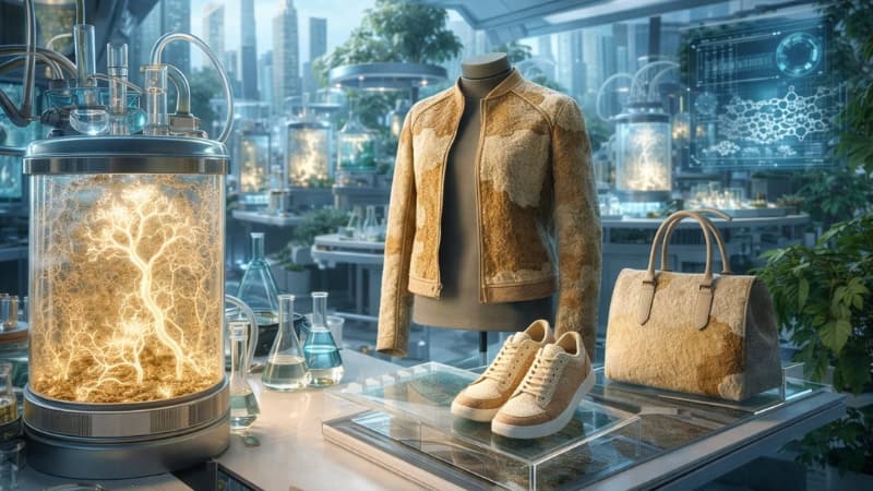 futuristic mycelium leather biofabrication sustainable fashion lab