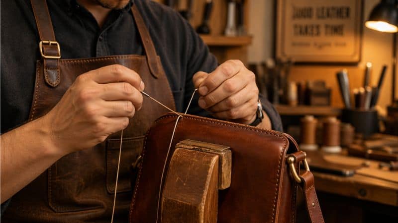 hand-stitching a leather bag using saddle stitch
