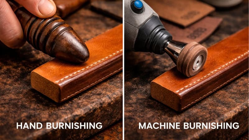 hand vs machine leather burnishing comparison