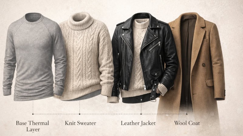 how to layer leather outfits winter thermal sweater coat guide