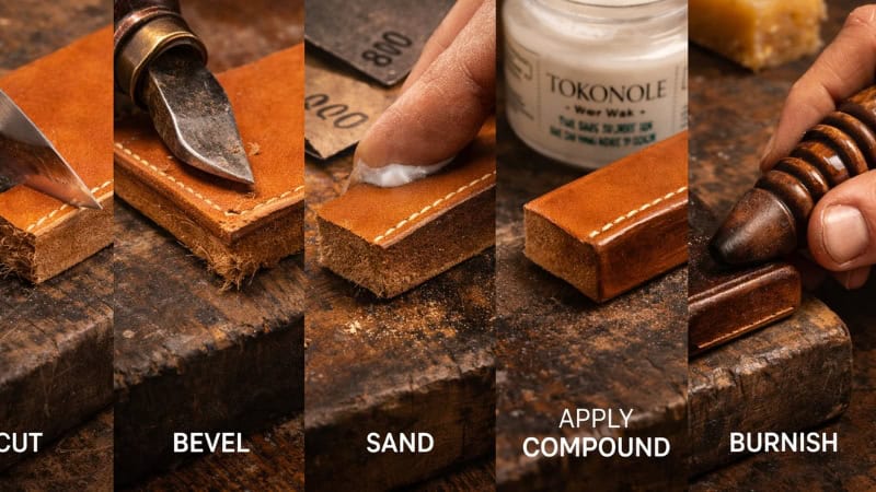 leather edge finishing steps cutting sanding burnishing