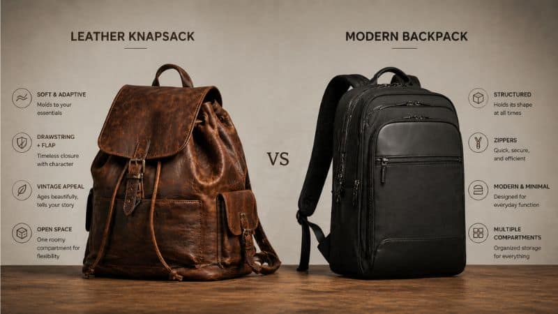 leather knapsack vs modern backpack comparison