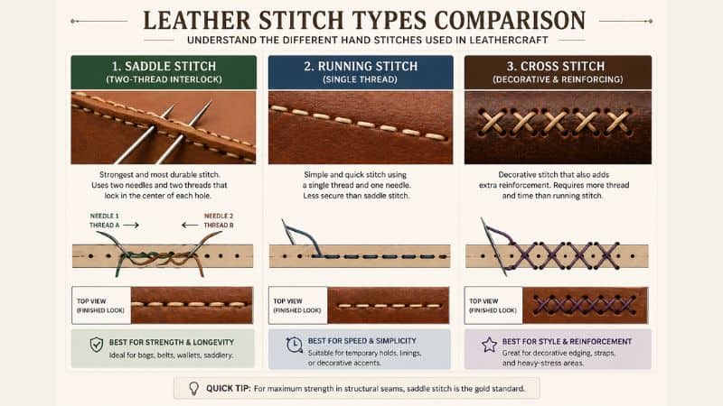 leather stitching techniques comparison saddle stitch vs running stitch