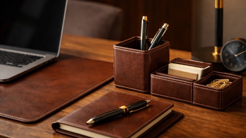 premium leather desk accessories close up