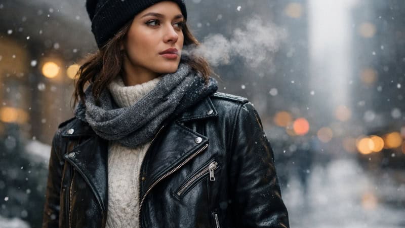 winter leather jacket outfit in snowy urban setting
