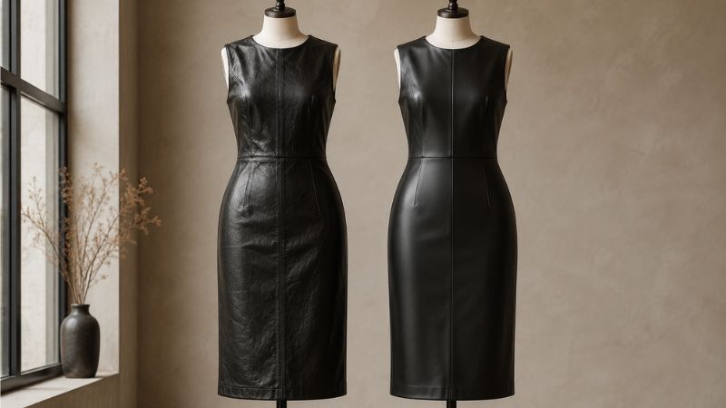 genuine-vs-faux-leather-midi-dress-comparison