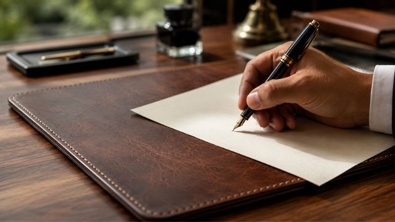 writing-on-leather-desk-pad